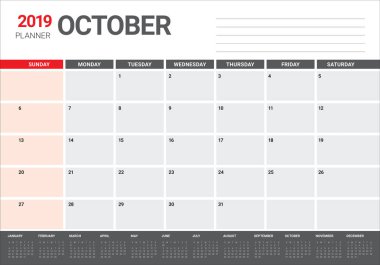 Ekim 2019 Resepsiyon takvim vektör çizim, basit ve temiz tasarım.