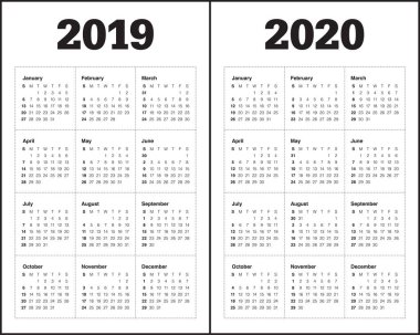 Yıl 2019 2020 takvim vektör tasarım şablonu, basit ve temiz tasarım