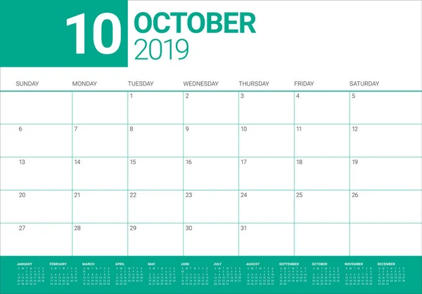 Oktober 2019 Schreibtisch Kalendervektorillustration Einfaches Und Sauberes Design — Stockvektor