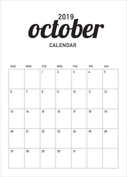 Outubro 2019 Mesa Calendário Vetor Ilustração Design Simples Limpo — Vetor de Stock