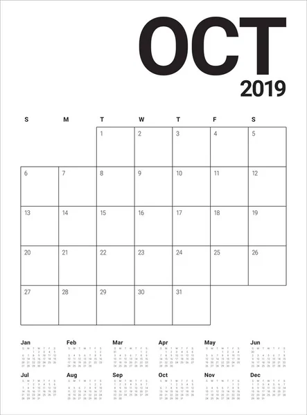 Ottobre 2019 Scrivania Calendario Vettoriale Illustrazione Design Semplice Pulito — Vettoriale Stock