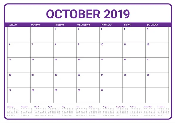 Octubre 2019 Escritorio Calendario Vector Ilustración Diseño Simple Limpio — Vector de stock