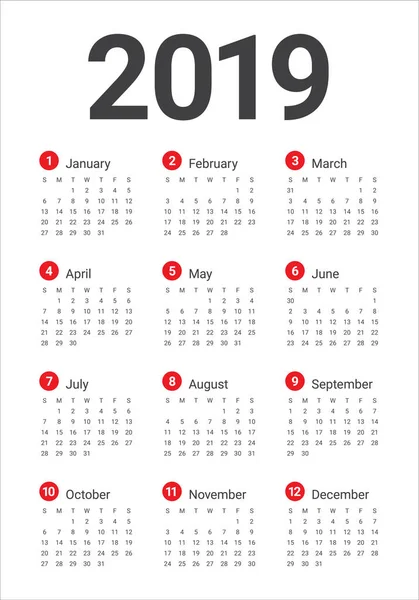 Año 2019 Plantilla Diseño Vectores Calendario Diseño Simple Limpio — Vector de stock