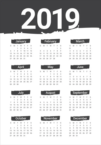 Year 2019 Calendar Vector Design Template Simple Clean Design — Stock Vector