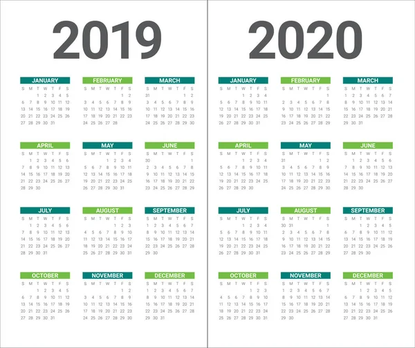 Wektor Szablon Projektu Kalendarz Roku 2019 2020 Prosty Czysty Design — Wektor stockowy