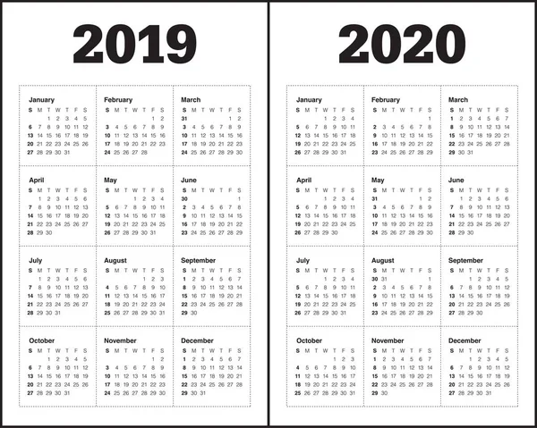 Year 2019 2020 Calendar Vector Design Template Simple Clean Design — Stock Vector