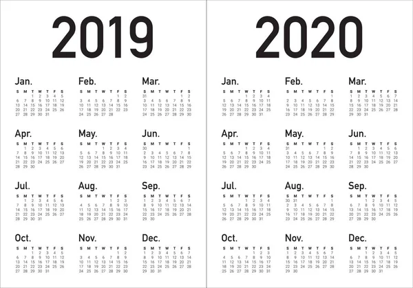 Año 2019 2020 Plantilla Diseño Vectores Calendario Diseño Simple Limpio — Vector de stock