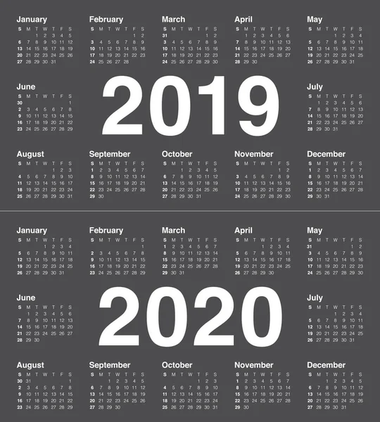 Year 2019 2020 Calendar Vector Design Template Simple Clean Design — Stock Vector