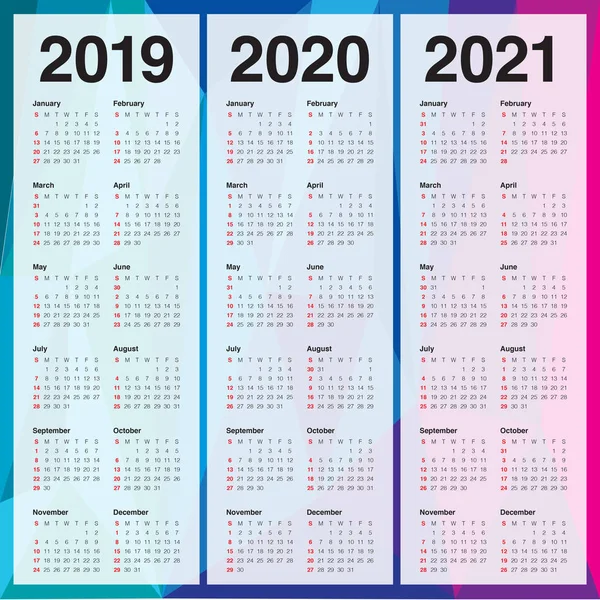 Jaar 2019 2020 2021 Agenda Vector Ontwerpsjabloon Eenvoudige Schone Ontwerp — Stockvector