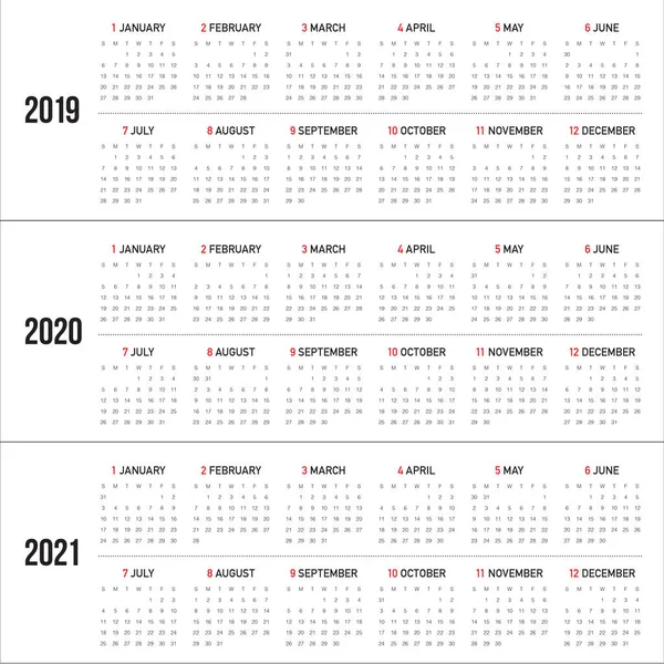 Year 2019 2020 2021 Calendar Vector Design Template Simple Clean — Stock Vector