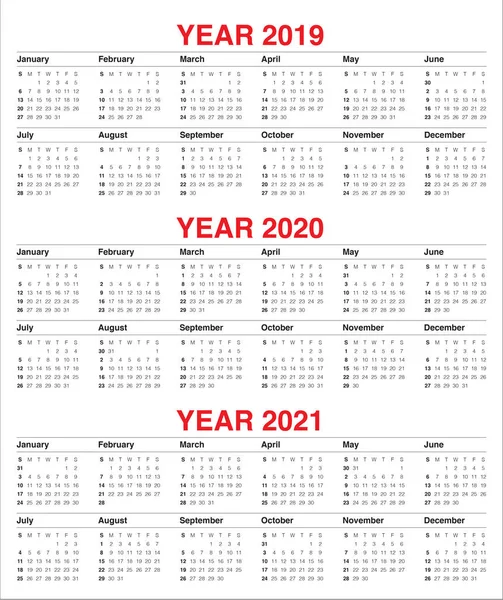 Wektor Szablon Projekt Kalendarza Roku 2019 2020 2021 Prosty Czysty — Wektor stockowy