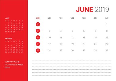 Haziran 2019 Resepsiyon takvim vektör çizim, basit ve temiz tasarım. 