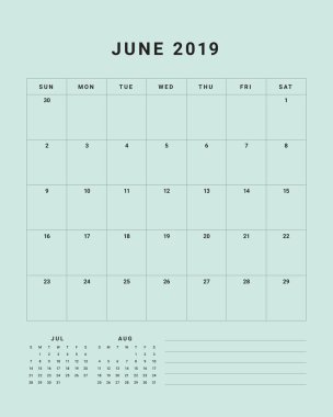 Haziran 2019 Resepsiyon takvim vektör çizim, basit ve temiz tasarım. 