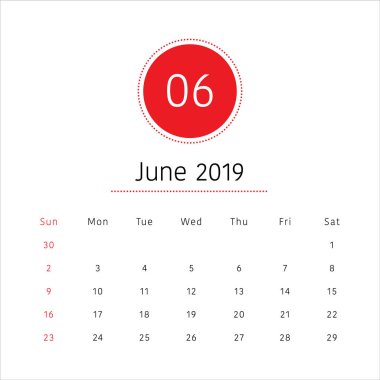 Haziran 2019 Resepsiyon takvim vektör çizim, basit ve temiz tasarım. 