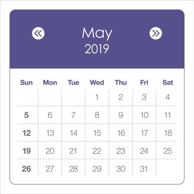 Mayıs 2019 aylık takvim vektör çizim, basit ve temiz tasarım. 