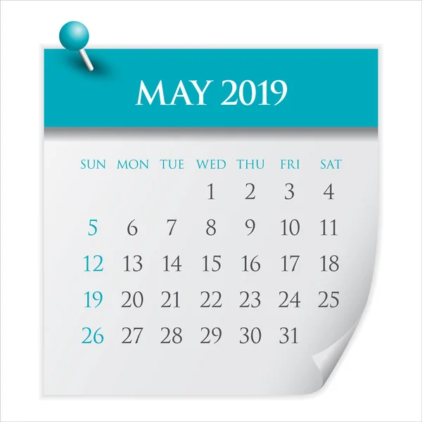 Května 2019 Měsíční Kalendář Vektorové Ilustrace Jednoduchý Čistý Design — Stockový vektor