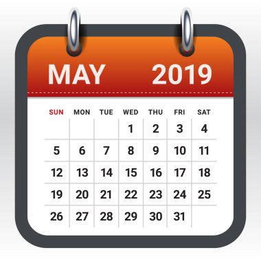 Mayıs 2019 aylık takvim vektör çizim, basit ve temiz tasarım. 