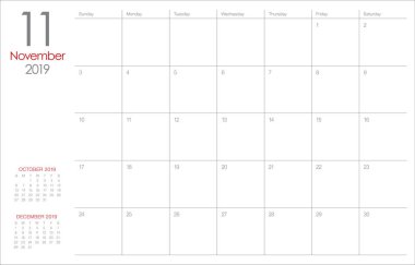 Kasım 2019 Resepsiyon takvim vektör çizim, basit ve temiz tasarım.