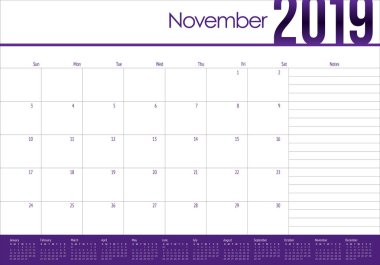 Kasım 2019 Resepsiyon takvim vektör çizim, basit ve temiz tasarım.