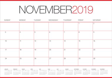 Kasım 2019 Resepsiyon takvim vektör çizim, basit ve temiz tasarım.