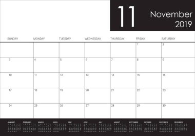 Kasım 2019 Resepsiyon takvim vektör çizim, basit ve temiz tasarım.
