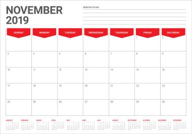 Kasım 2019 Resepsiyon takvim vektör çizim, basit ve temiz tasarım.