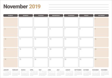 Kasım 2019 Resepsiyon takvim vektör çizim, basit ve temiz tasarım.