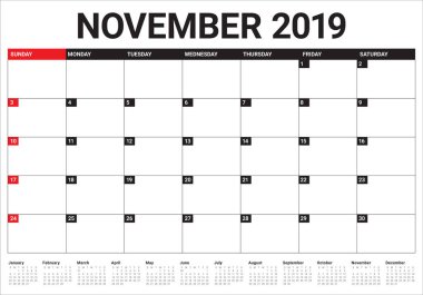 Kasım 2019 Resepsiyon takvim vektör çizim, basit ve temiz tasarım.