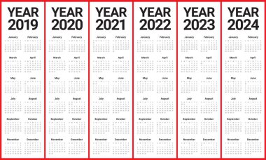 Yıl 2019 2020 2021 2022 2023 2024 takvim vektör tasarım şablonu, basit ve temiz tasarım
