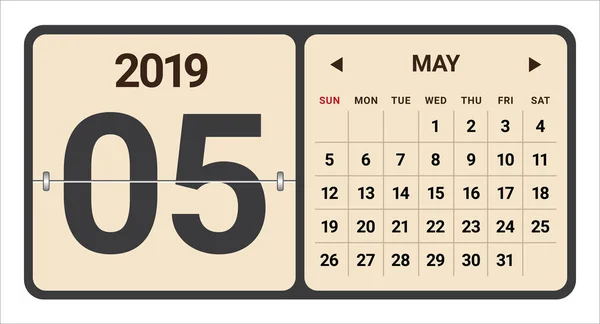 Maio 2019 Calendário Mensal Ilustração Vetorial Design Simples Limpo — Vetor de Stock