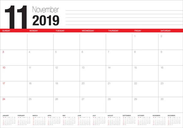 Ноябрь 2019 Настольный Календарь Векторная Иллюстрация Простой Чистый Дизайн — стоковый вектор
