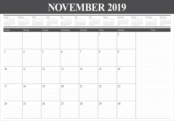 Novembre 2019 Illustration Vectorielle Calendrier Bureau Design Simple Propre — Image vectorielle