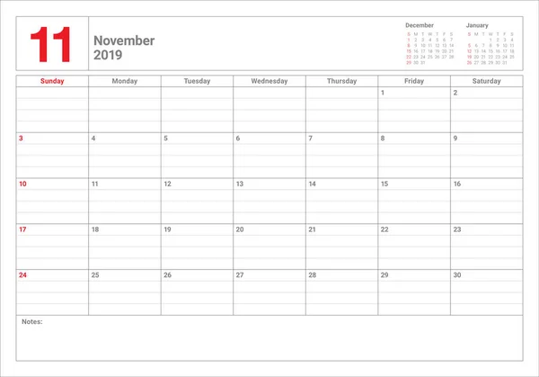 November 2019 Skrivbord Kalender Vektorillustration Enkel Och Ren Design — Stock vektor