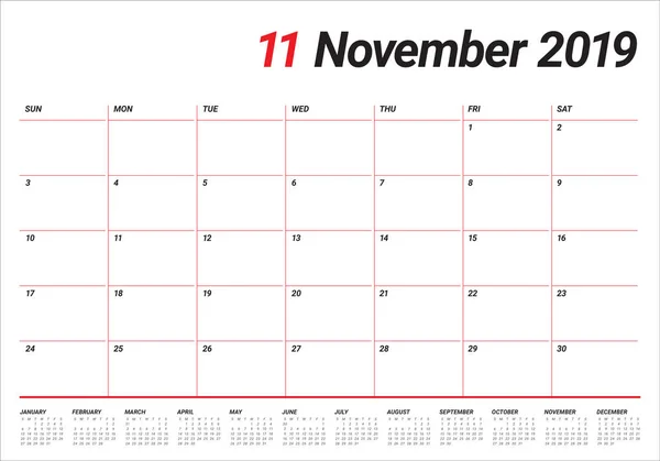 Novembre 2019 Illustration Vectorielle Calendrier Bureau Design Simple Propre — Image vectorielle