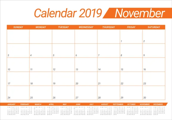 Noviembre 2019 Escritorio Calendario Vector Ilustración Diseño Simple Limpio — Vector de stock