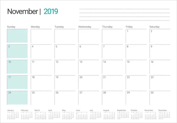 Noviembre 2019 Escritorio Calendario Vector Ilustración Diseño Simple Limpio — Vector de stock