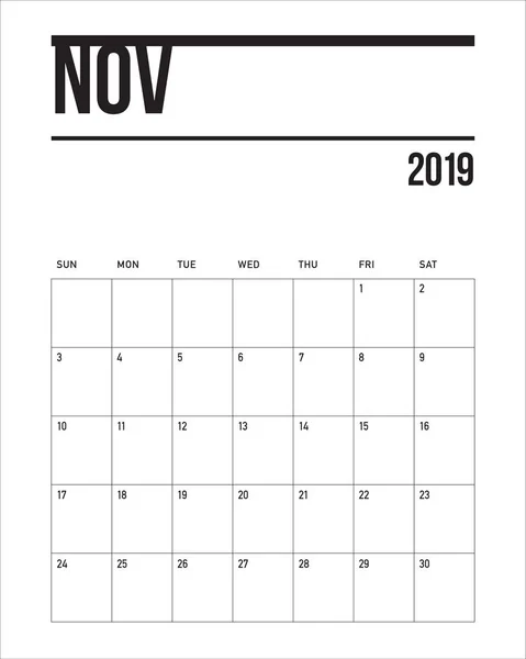 Novembre 2019 Illustration Vectorielle Calendrier Bureau Design Simple Propre — Image vectorielle