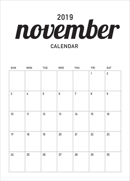 Ilustracja Wektorowa Listopada 2019 Biurko Kalendarza Prosty Czysty Design — Wektor stockowy
