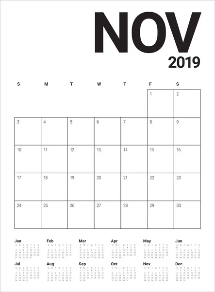 Novembre 2019 Scrivania Calendario Vettoriale Illustrazione Design Semplice Pulito — Vettoriale Stock