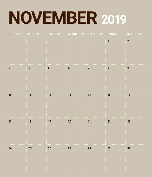 Novembre 2019 Illustration Vectorielle Calendrier Bureau Design Simple Propre — Image vectorielle