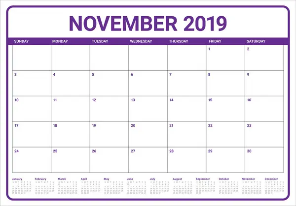 Noviembre 2019 Escritorio Calendario Vector Ilustración Diseño Simple Limpio — Vector de stock