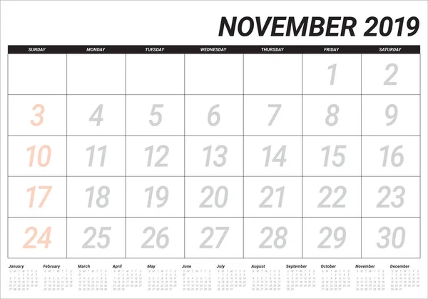 Novembre 2019 Illustration Vectorielle Calendrier Bureau Design Simple Propre — Image vectorielle