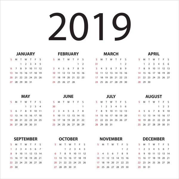 Année 2019 Modèle Conception Vectorielle Calendrier Conception Simple Propre — Image vectorielle