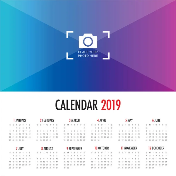 Année 2019 Modèle Conception Vectorielle Calendrier Conception Simple Propre — Image vectorielle