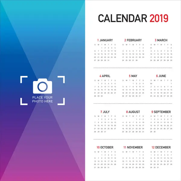 Año 2019 Plantilla Diseño Vectores Calendario Diseño Simple Limpio — Vector de stock