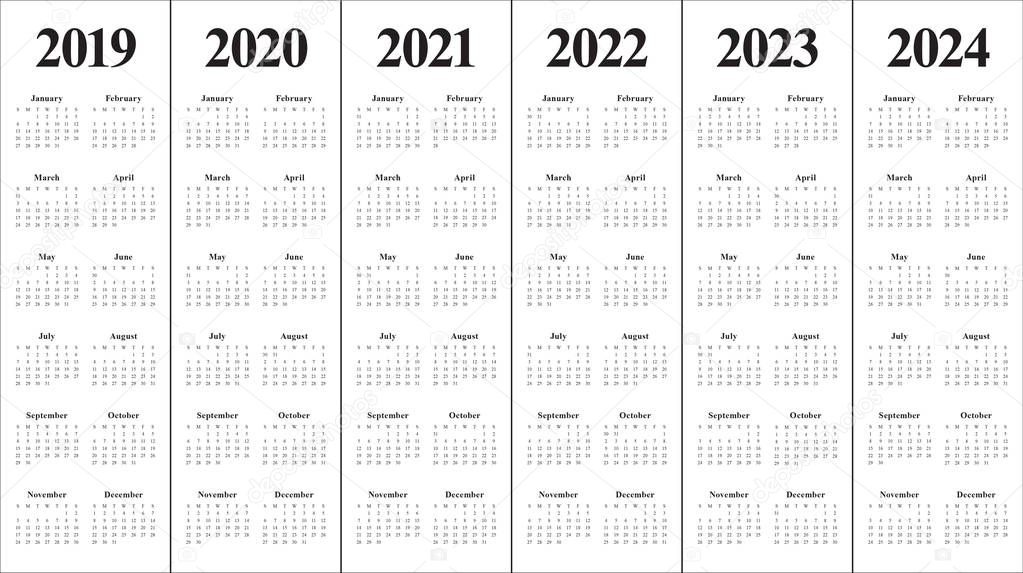 Year 2019 2020 2021 2022 2023 2024 calendar vector design template, simple and clean design