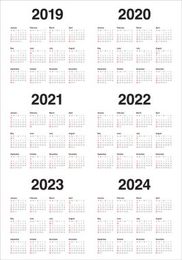 Yıl 2019 2020 2021 2022 2023 2024 takvim vektör tasarım şablonu, basit ve temiz tasarım