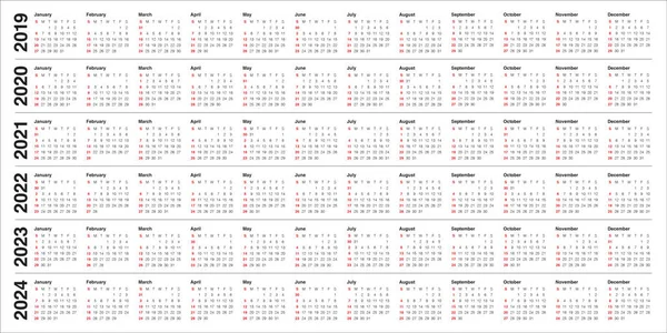Jahr 2019 2020 2021 2022 2023 2024 Kalendervektordesign Vorlage Einfaches — Stockvektor