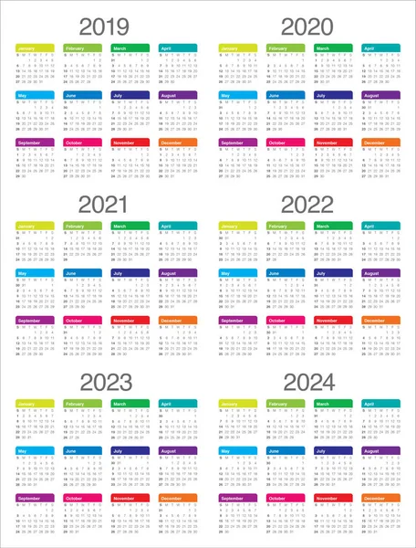 2019 Год 2020 2021 2022 2023 2024 Календарный Векторный Дизайн — стоковый вектор