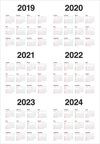 Anno 2019 2020 2021 2022 2023 2024 Calendario Modello Progettazione — Vettoriale Stock